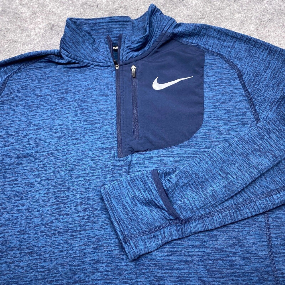 Nike Running Mens Sweatshirt Large Blue Pullover 1/4 Zip Thumbholes Fleece Lined